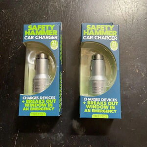 Truetech Safety Hammer Car Charger, 2 USB Ports, Stainless Steel, Window Breaker